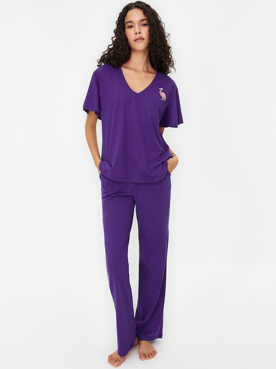 

Trendyol Women Solid Printed Night suit, Purple