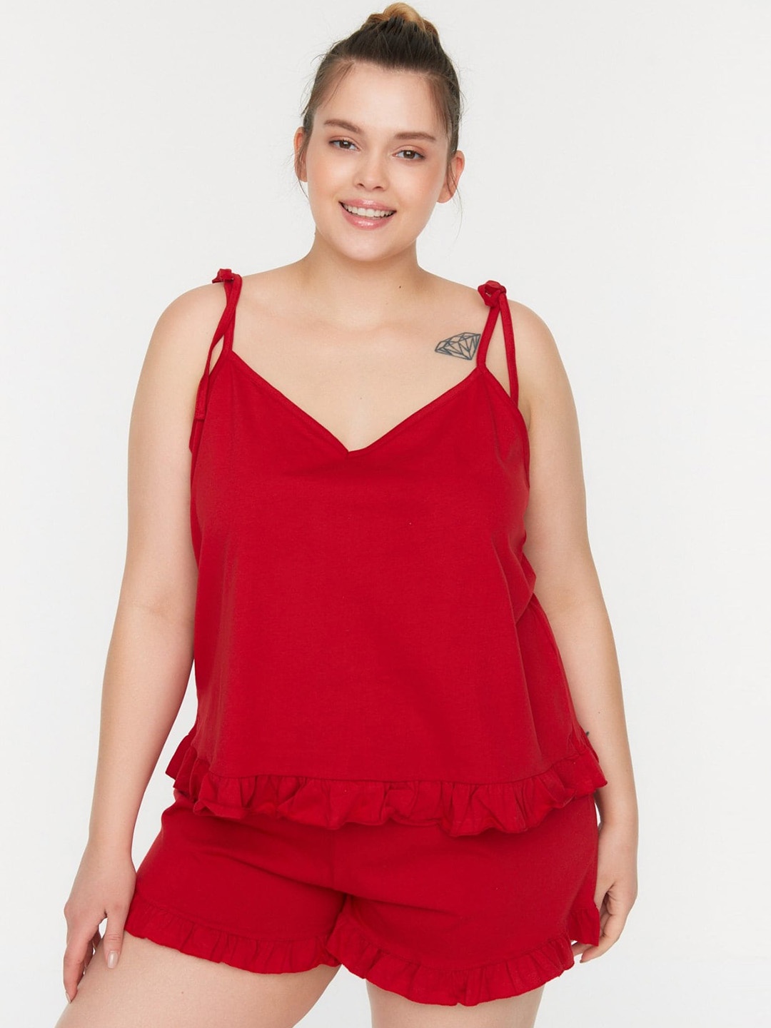 

Trendyol Women Solid Printed Night suit, Red