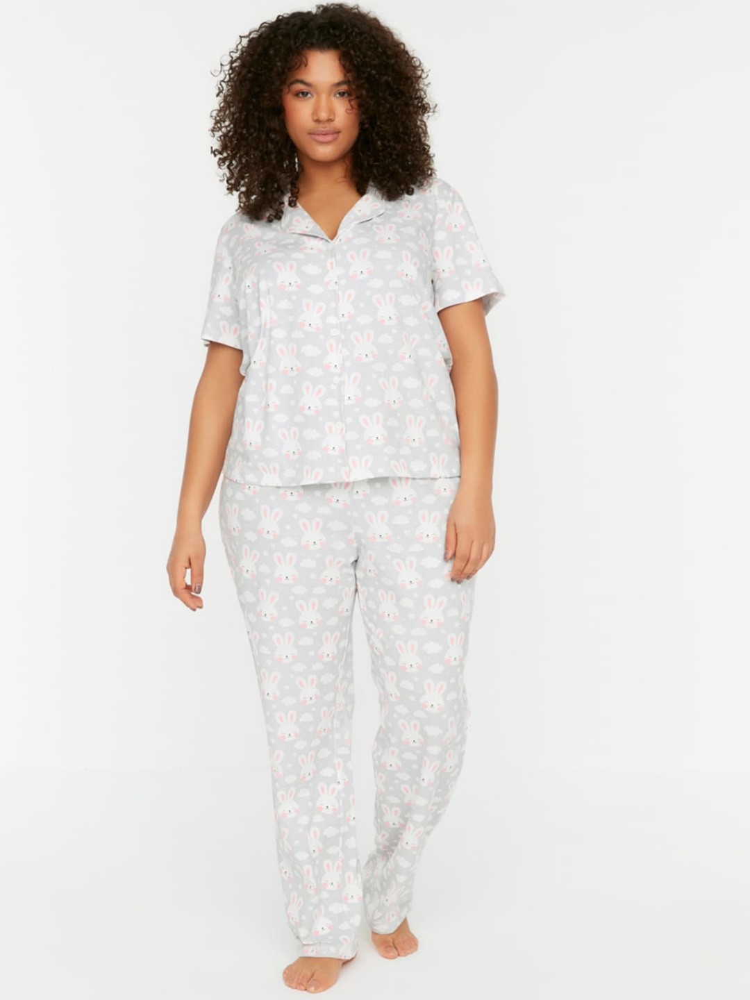 

Trendyol Women Printed Pure Cotton Night suit, Grey