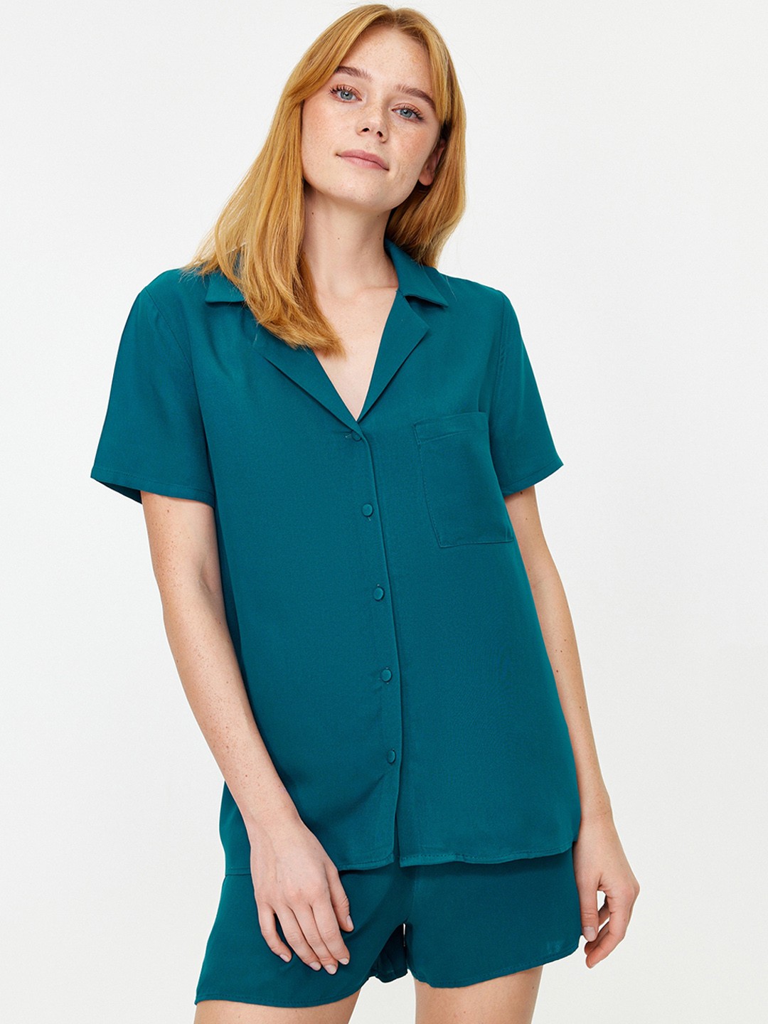 

Trendyol Women Solid Printed Night suit, Teal