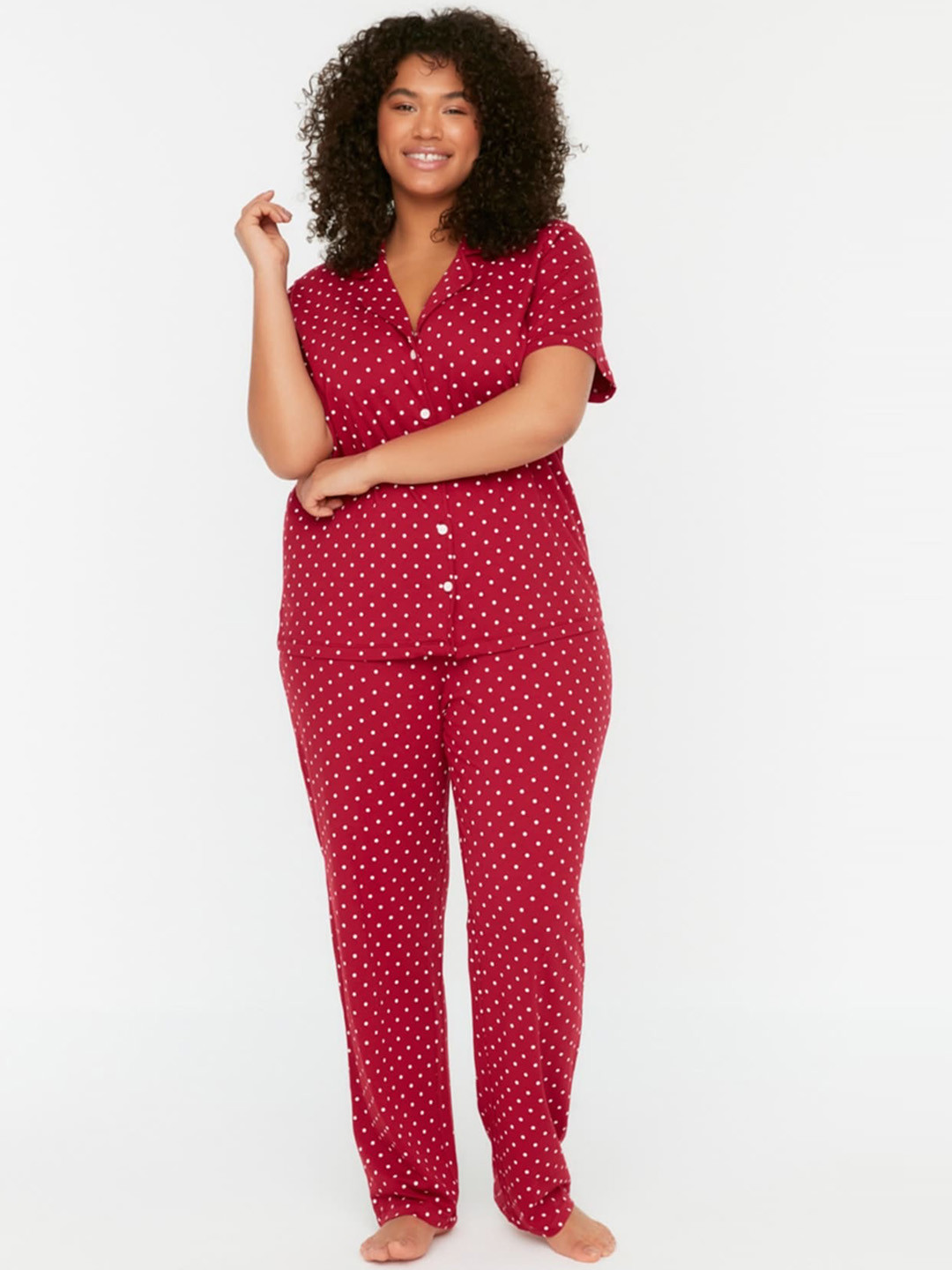 

Trendyol Women Polka Dot Printed Night suit, Maroon