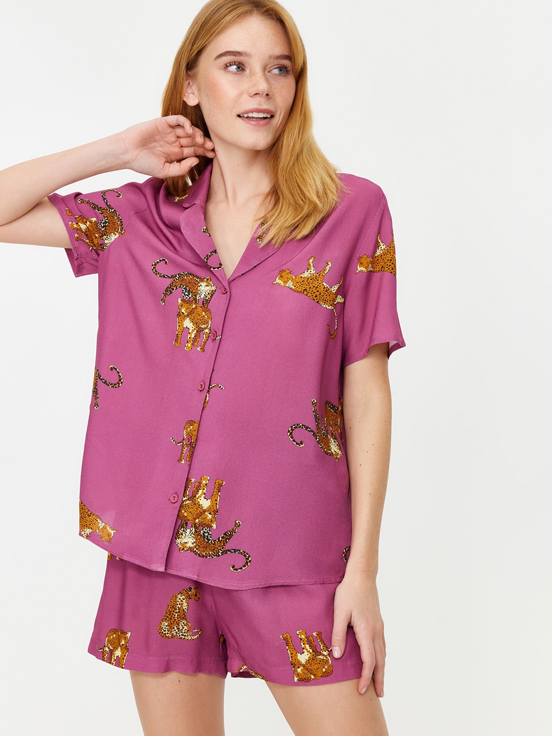 

Trendyol Women Animal Printed Night suit, Purple