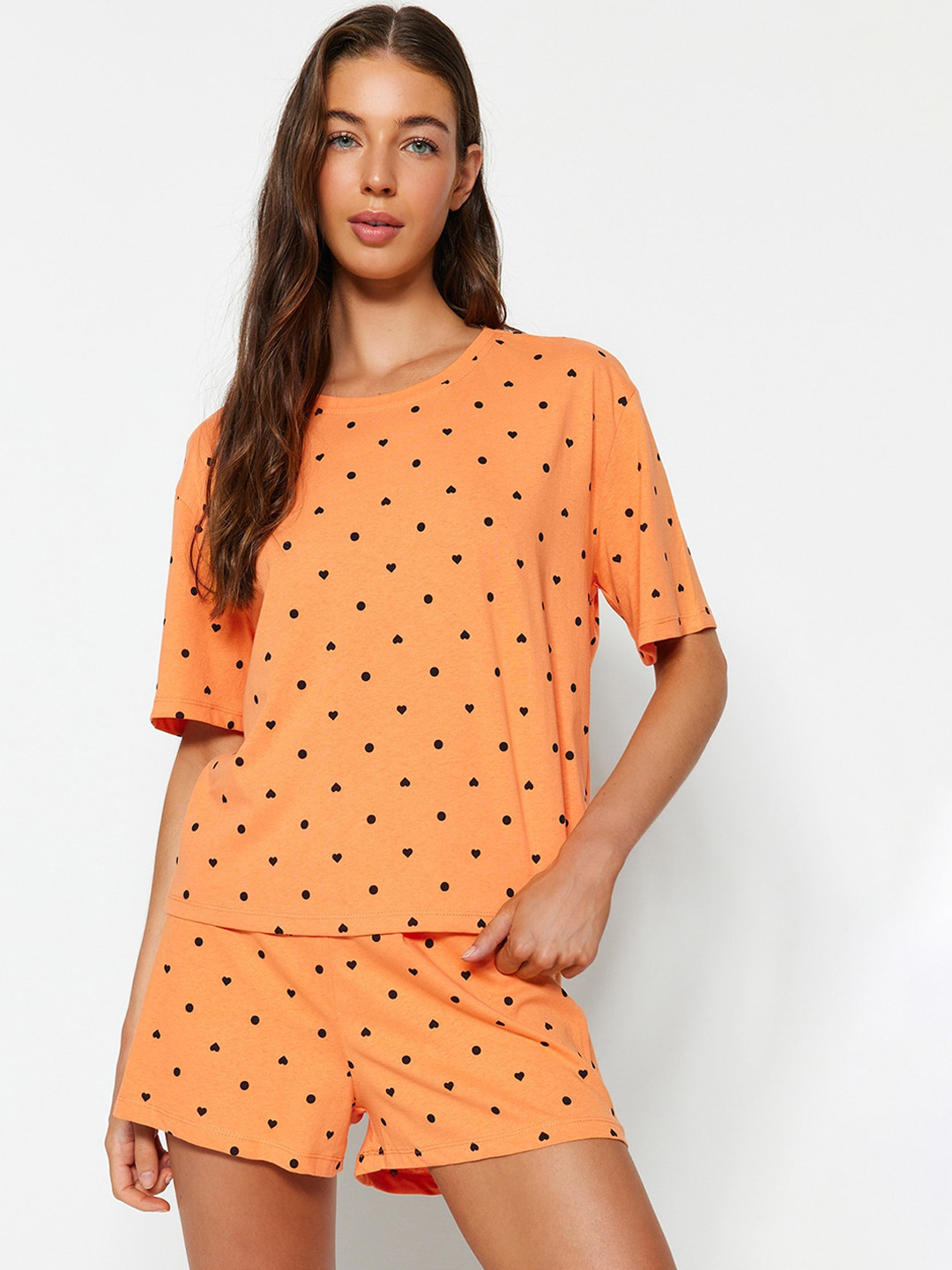 

Trendyol Women Geometric Printed Night suit, Orange