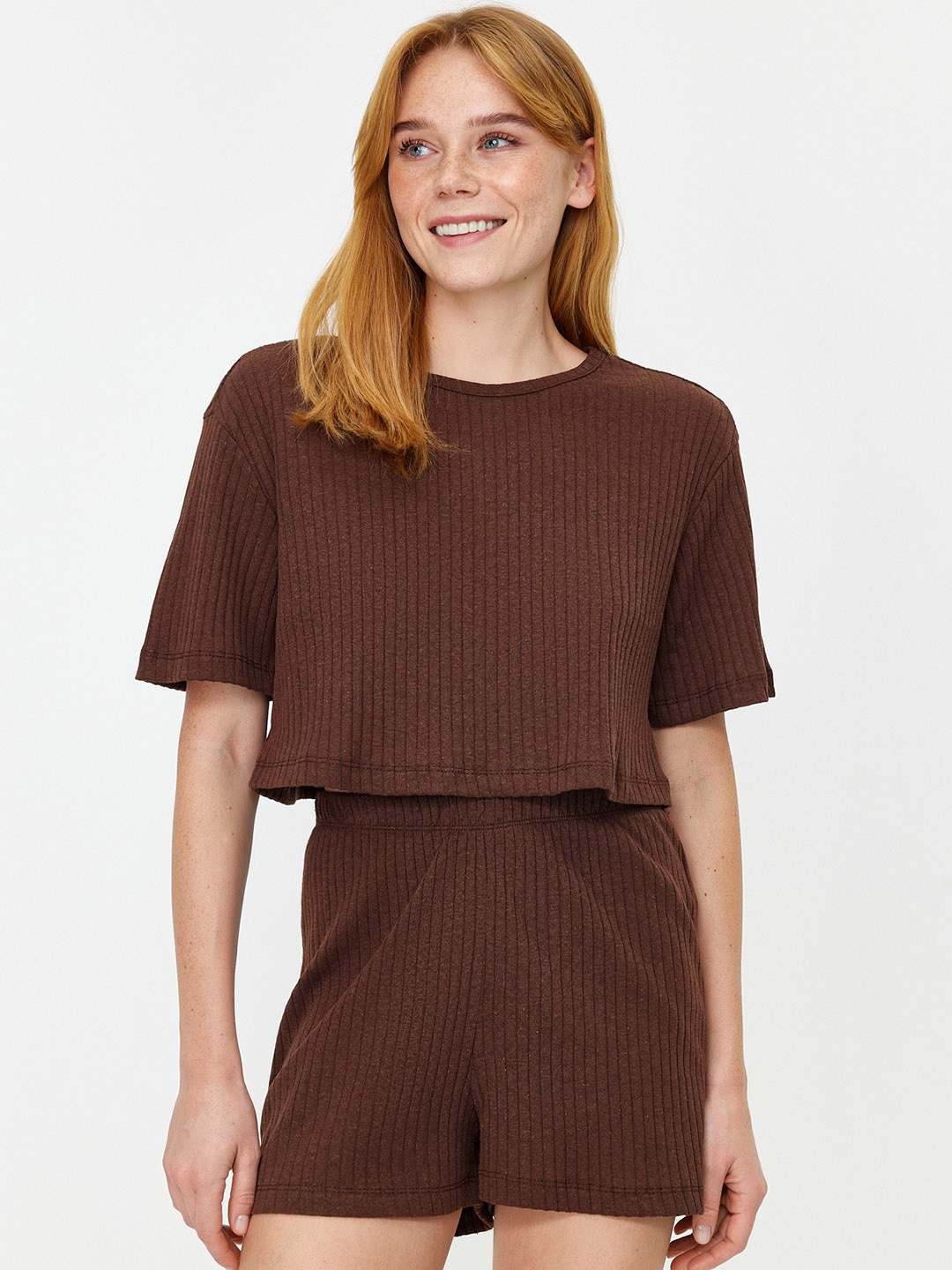 

Trendyol Women Striped Round Neck Night suit, Brown