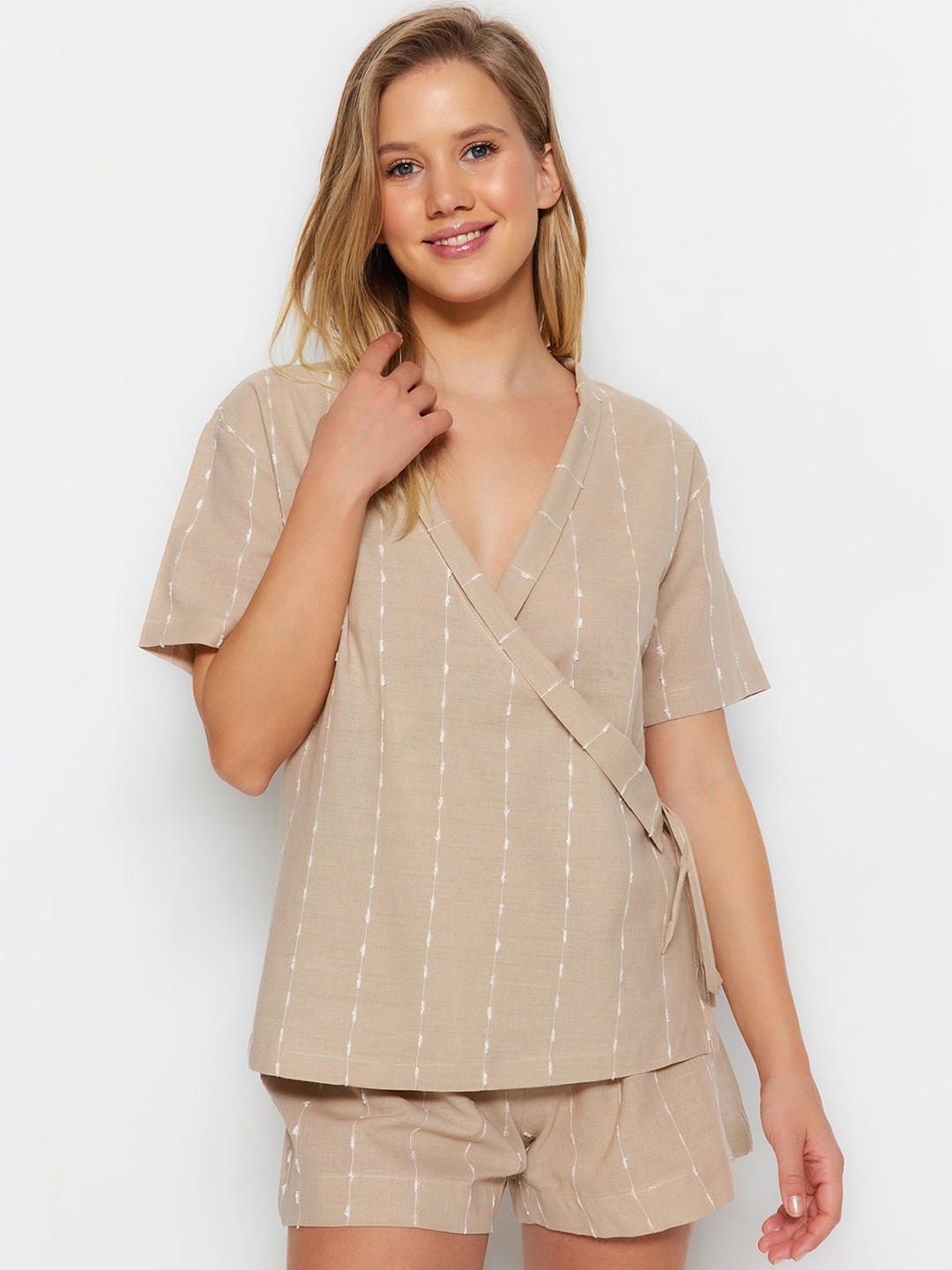 

Trendyol Women Striped Night suit, Beige