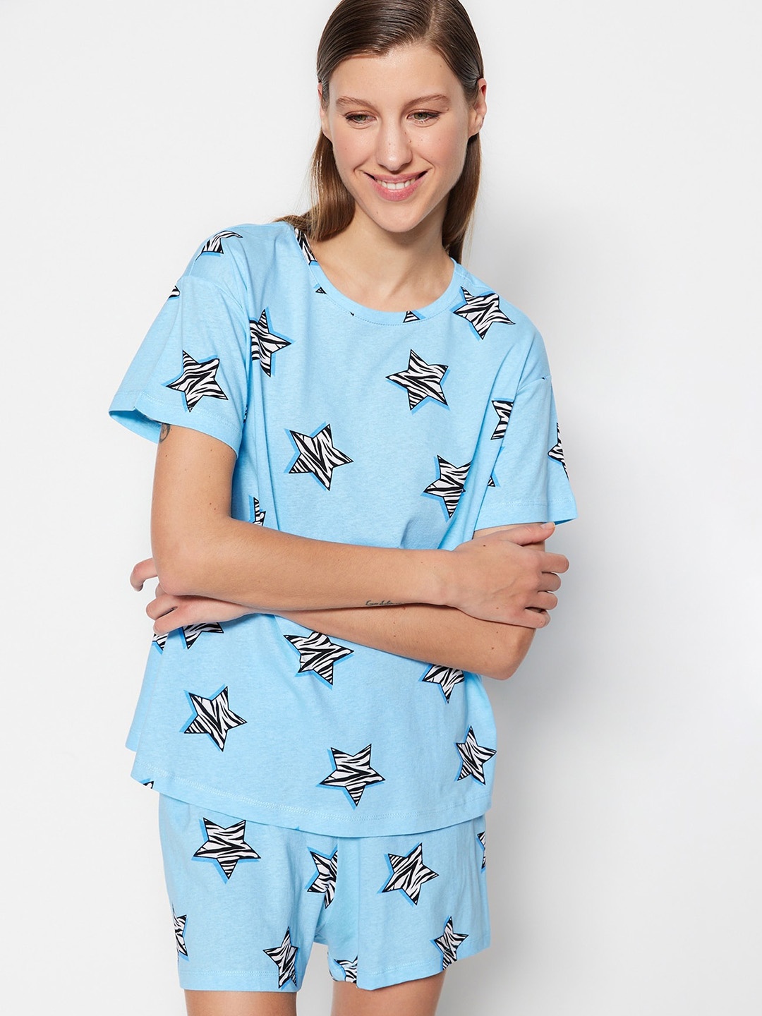 

Trendyol Women Printed Night suit, Blue