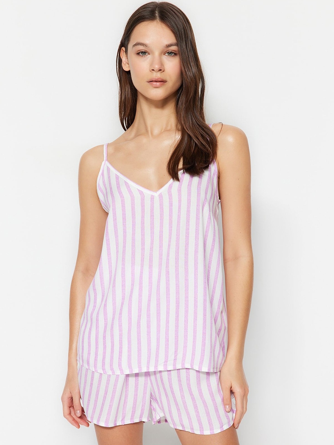 

Trendyol Women Striped Night suit, Pink