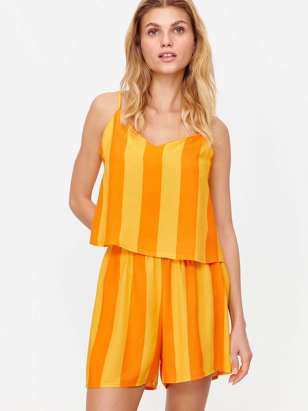 

Trendyol Women Striped Night suit, Yellow