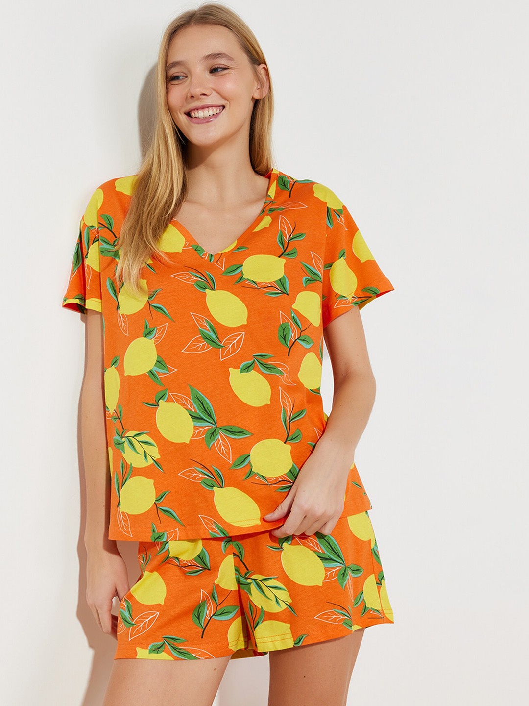 

Trendyol Women Printed Night suit, Orange