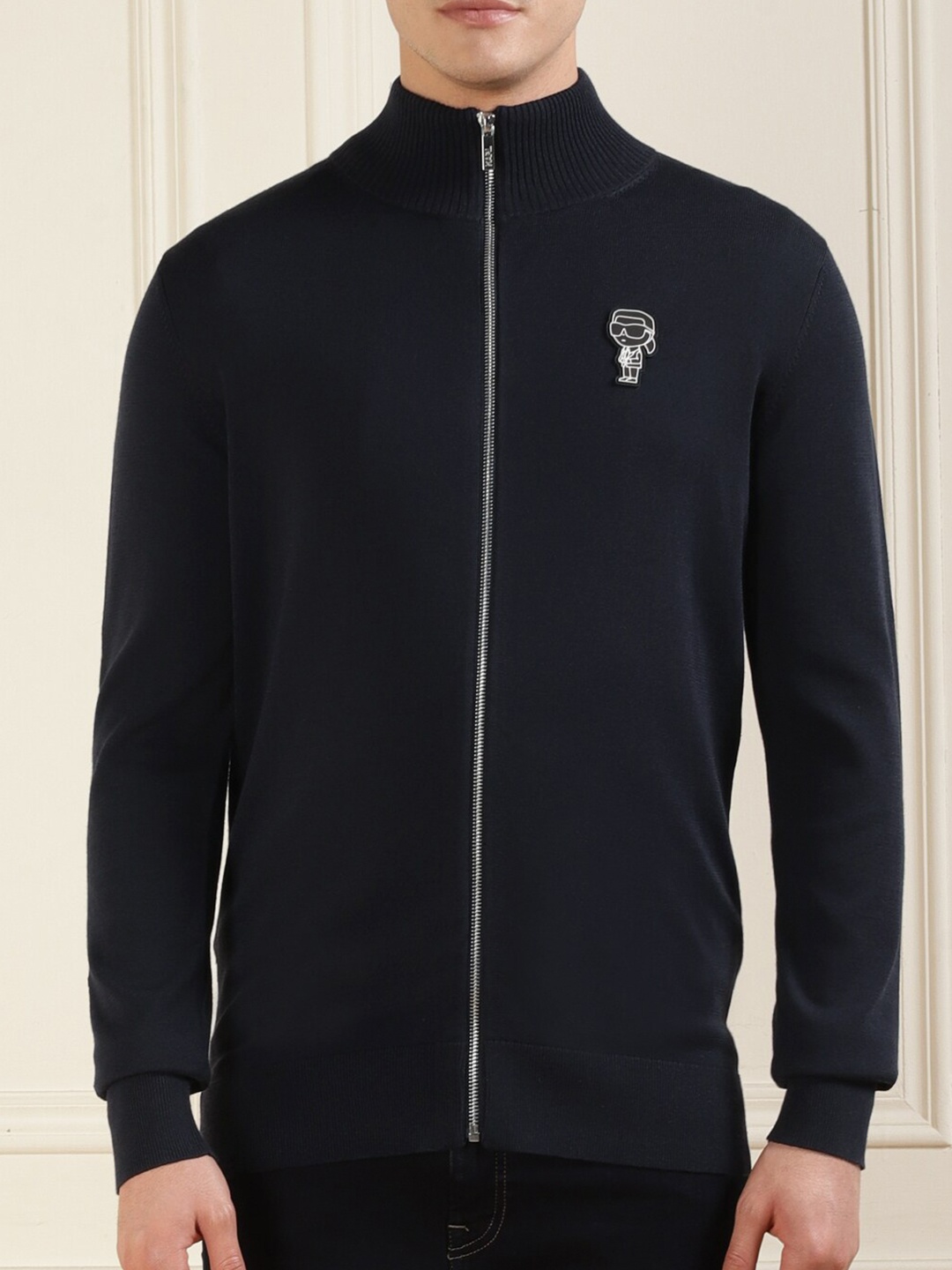

Karl Lagerfeld Mock Collar Zipped Cardigan Cotton Sweater, Navy blue