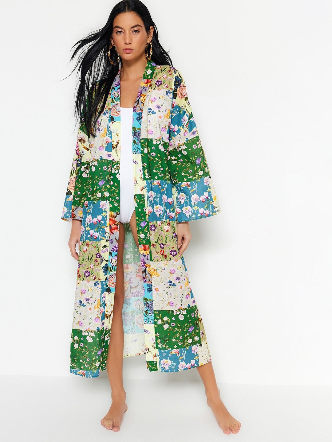 

Trendyol Printed Pure Cotton Maxi Robe, Green