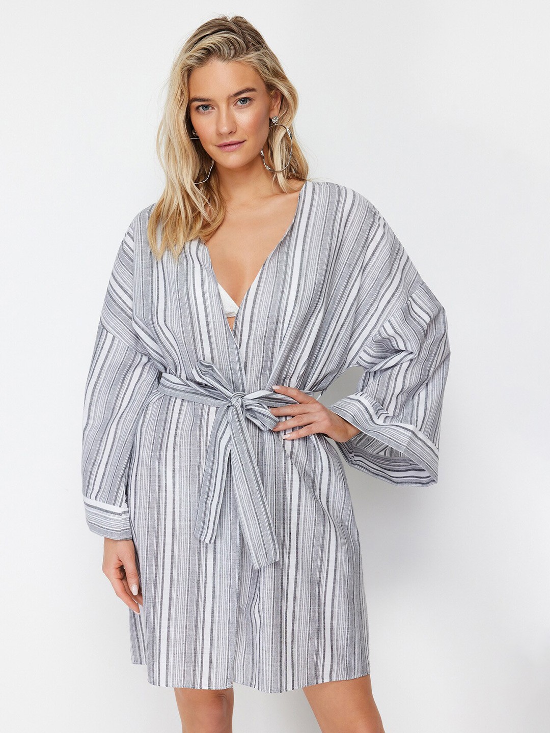 

Trendyol Pure Cotton V-Neck Knee Length Striped Nightdress, Blue