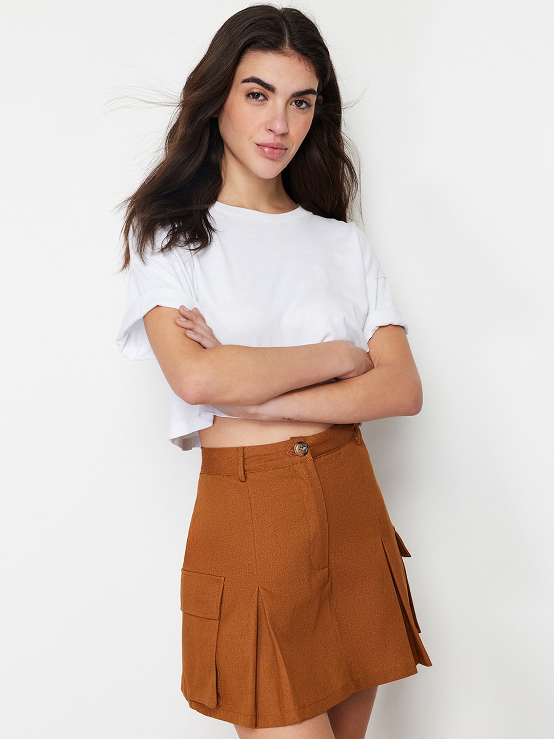 

Trendyol Pure Cotton Flared Mini Skirt, Brown