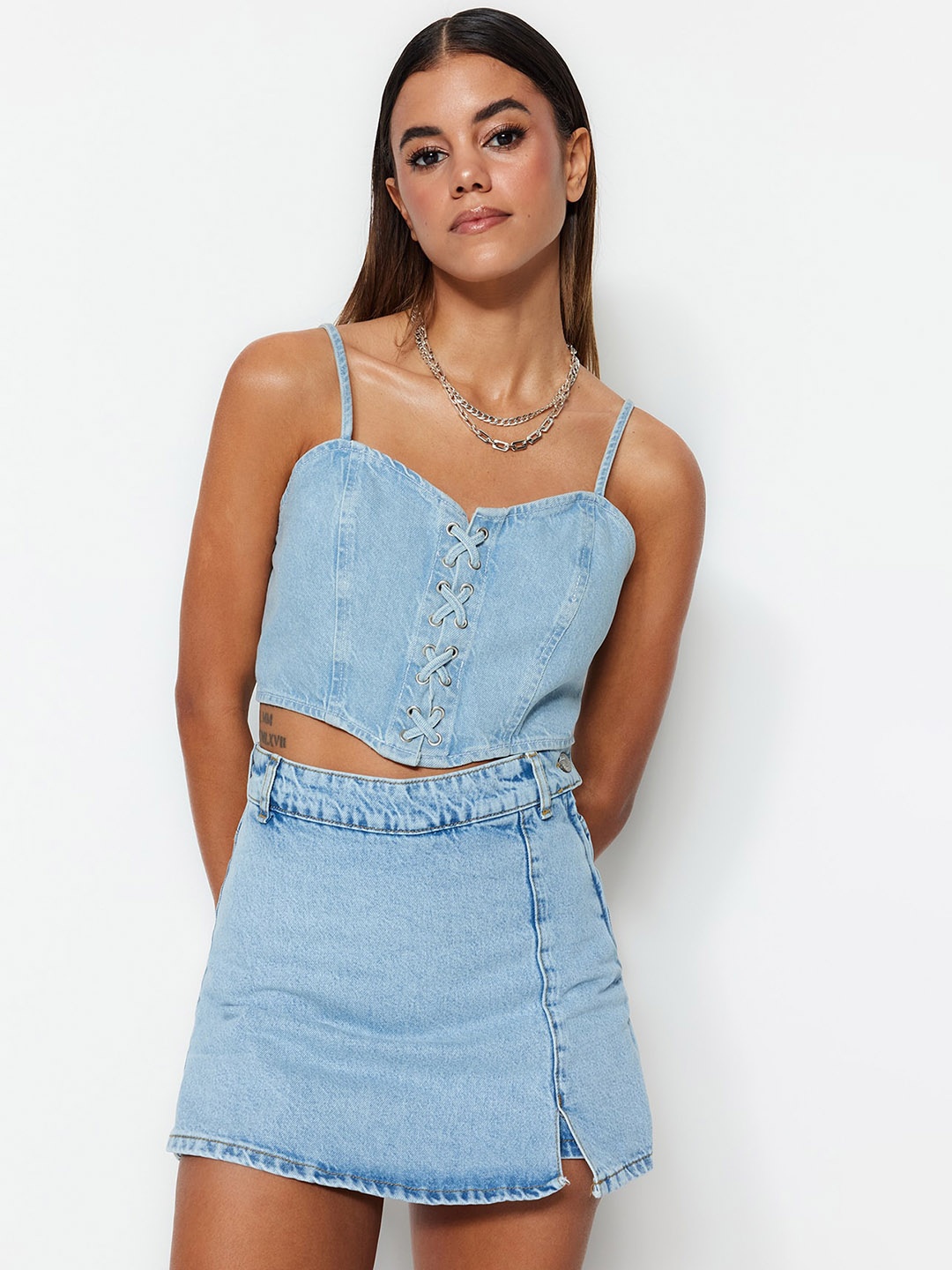 

Trendyol Mid-Rise Pure Cotton Denim Skirt, Blue