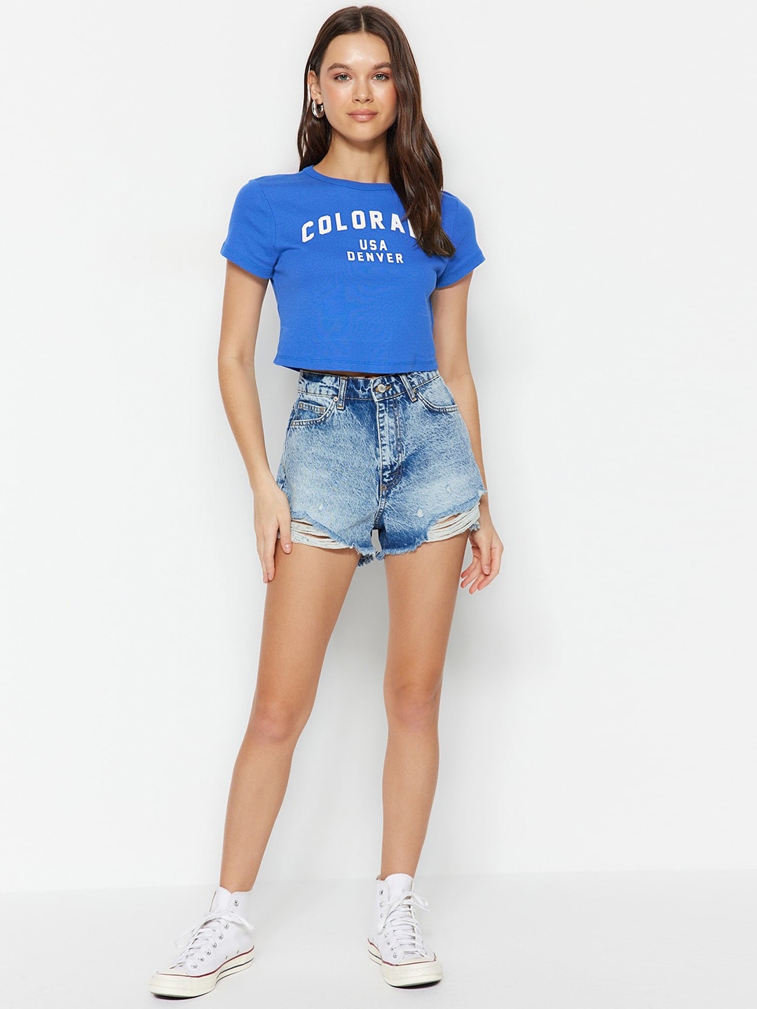 

Trendyol Women Mid-Rise Washed Pure Cotton Denim Shorts, Blue