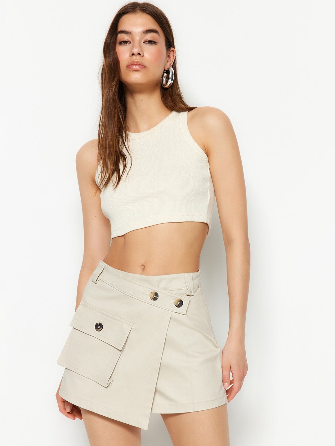 

Trendyol Asymmetric Pure Cotton Skorts, Beige