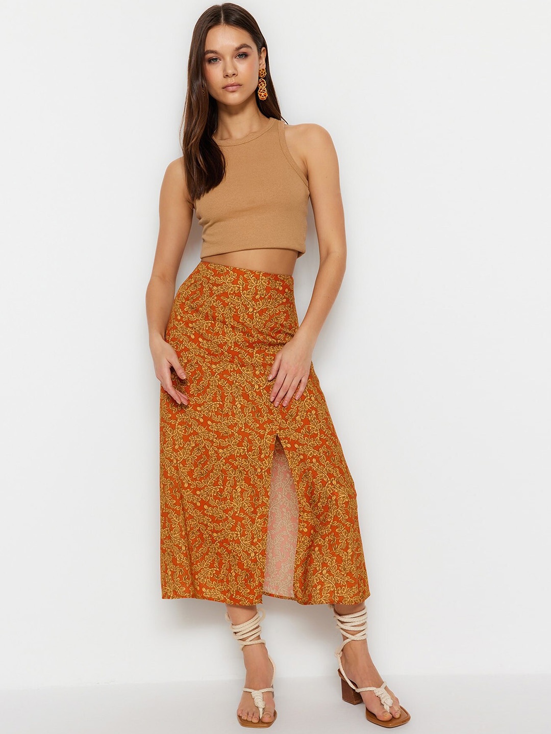 

Trendyol Printed A-Line Midi Skirt, Orange