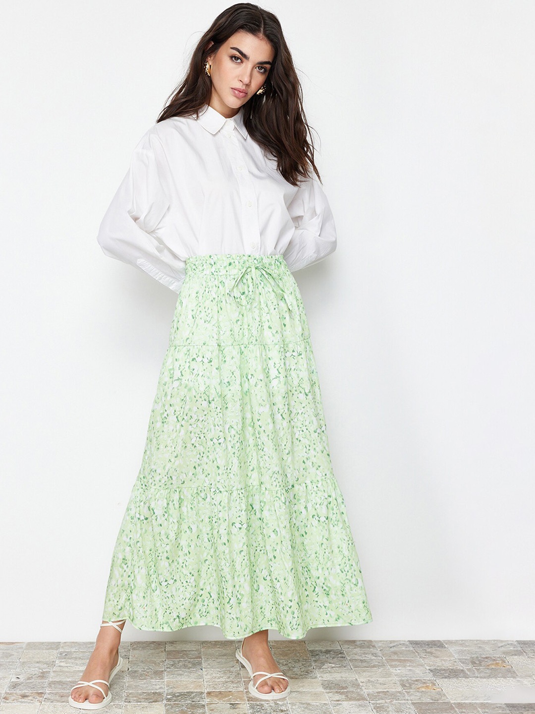 

Trendyol Printed Flared Maxi Skirt, Green