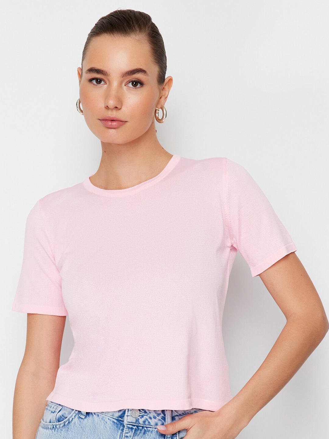 

Trendyol Round Neck Short Sleeves Crop Top, Pink