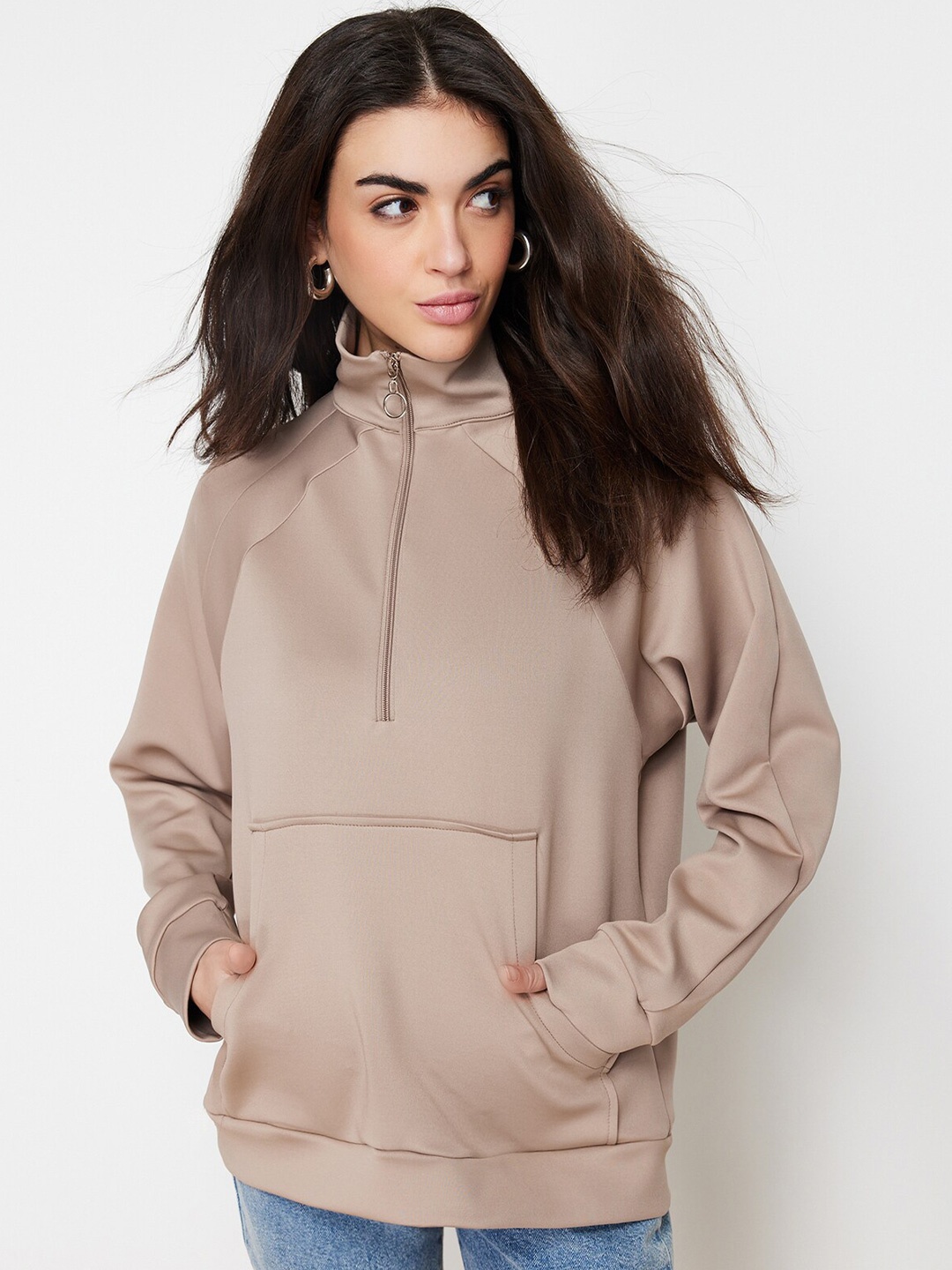 

Trendyol Mock Collar Raglan Sleeves Pullover Sweatshirt, Taupe