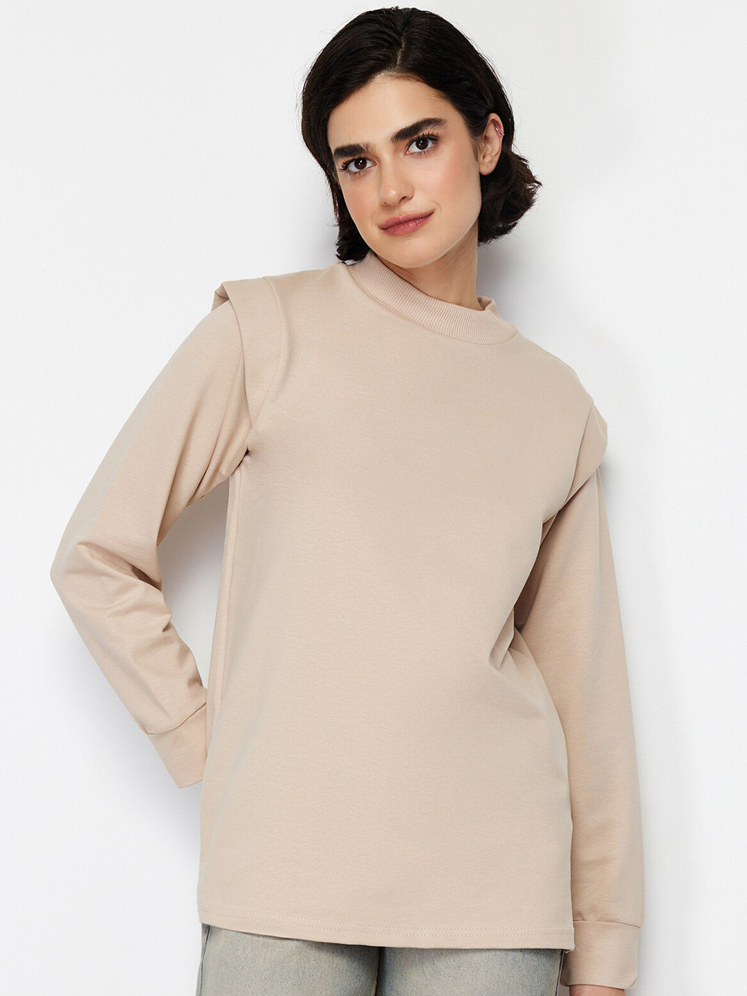 

Trendyol High Neck Cotton Pullover Sweatshirt, Beige