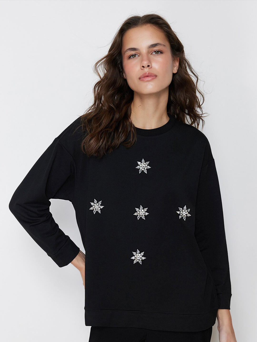

Trendyol Floral Embellished Pullover Sweatshirt, Black