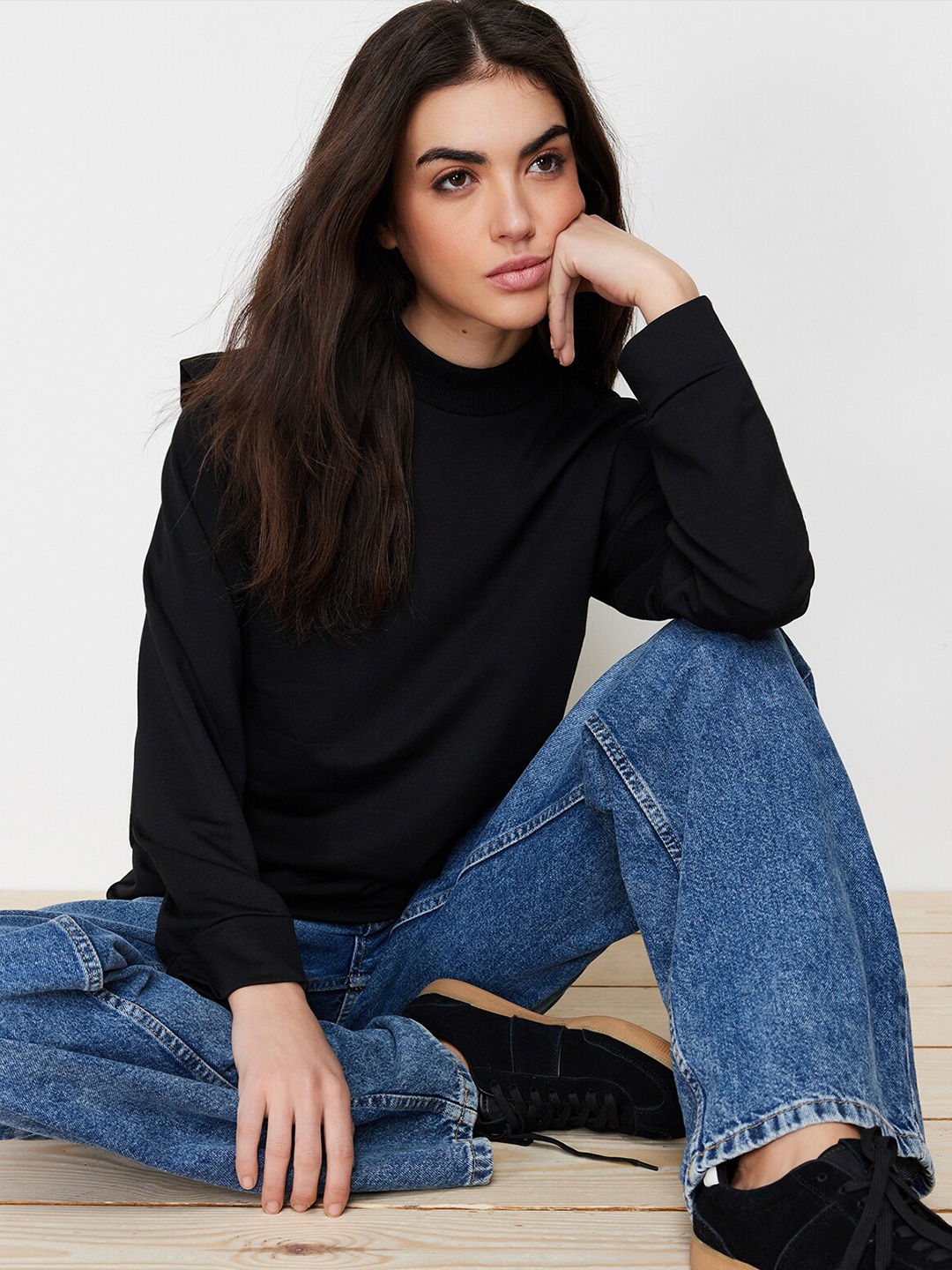 

Trendyol High Neck Cotton Pullover Sweatshirt, Black