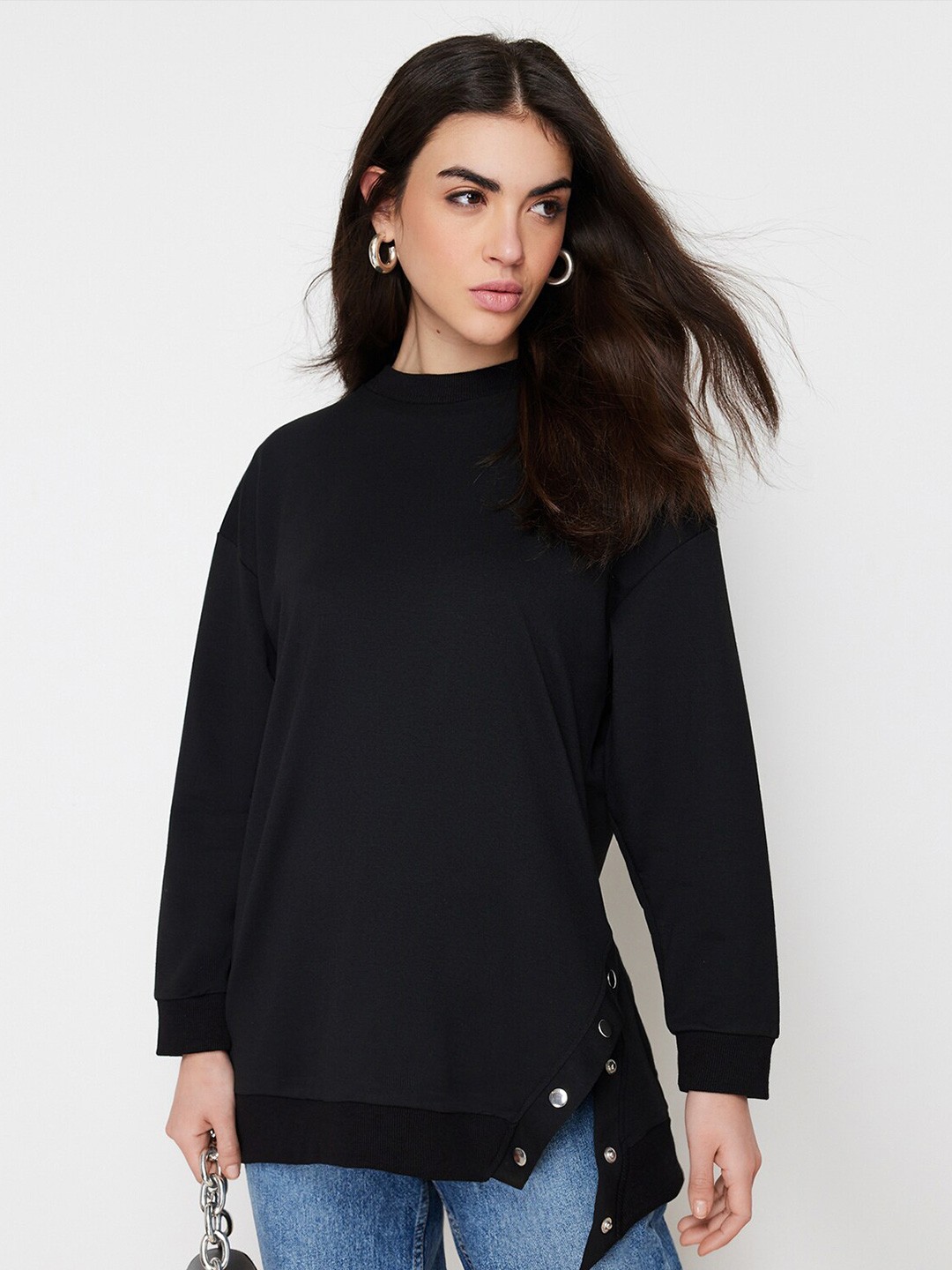 

Trendyol High Neck Longline Pullover Sweatshirt, Black