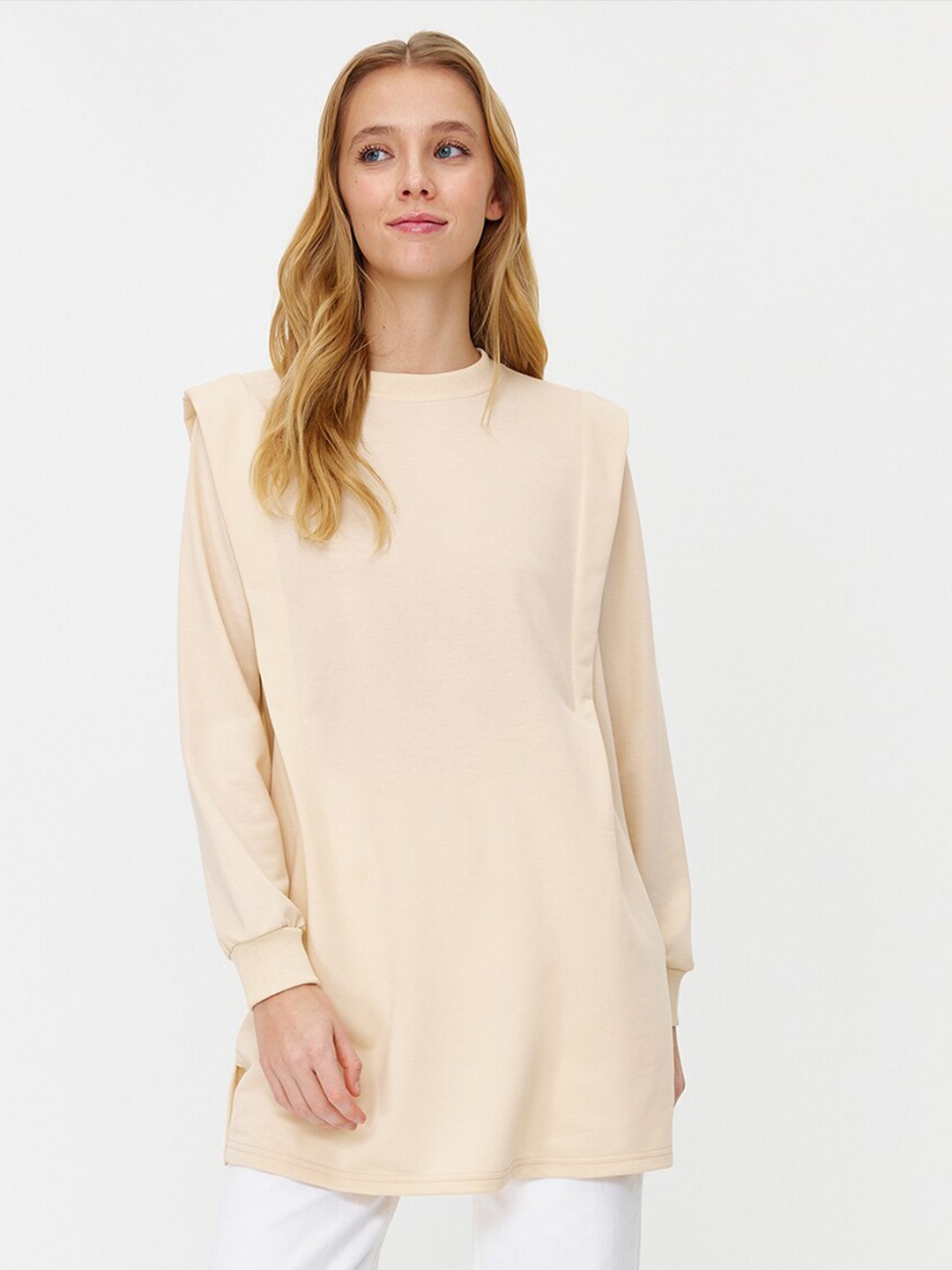 

Trendyol High Neck Cotton Longline Pullover Sweatshirt, Beige