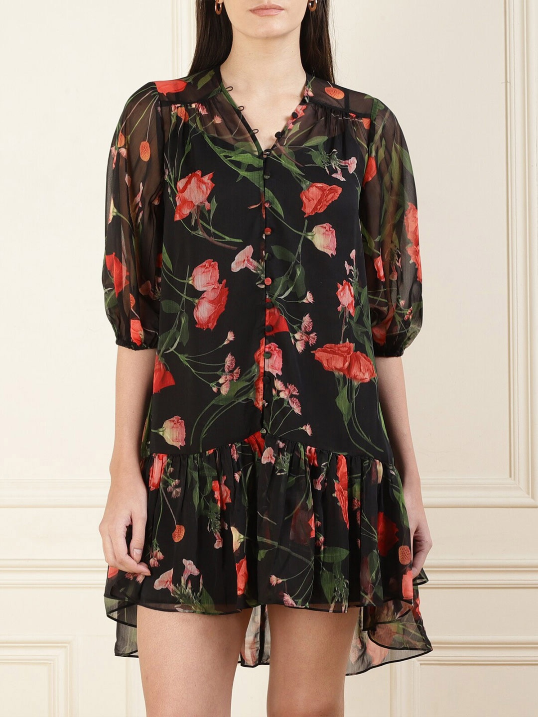 

Ted Baker Floral Print Mandarin Collar Shirt Style Longline Top, Black