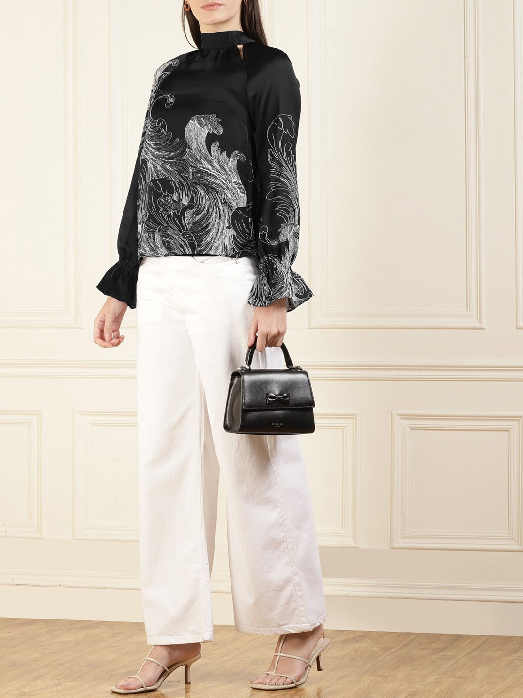 

Ted Baker Abstract Printed High Neck Bell Sleeves Top, Black