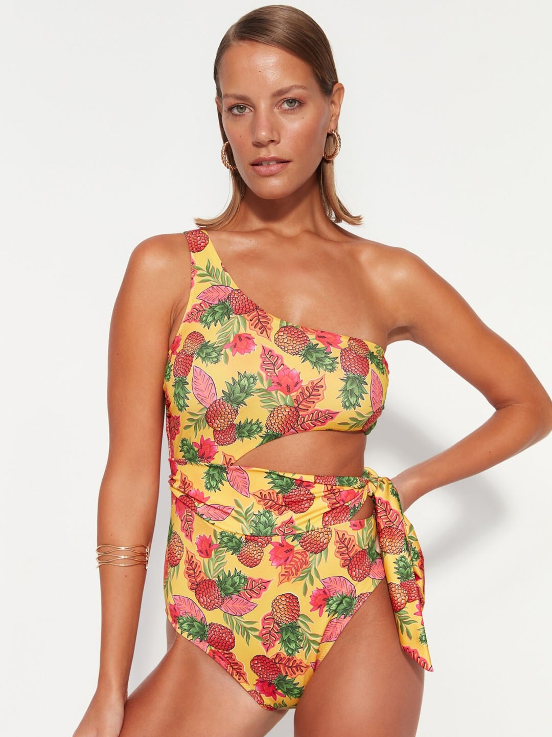

Trendyol Floral Printed One Shoulder Swim Bodysuit, Yellow