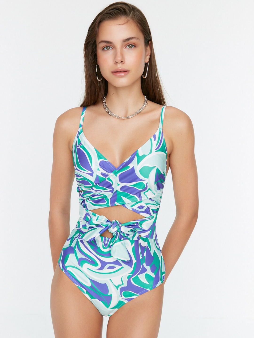 

Trendyol Abstract Printed Shoulder Straps Swim Bodysuit, Blue