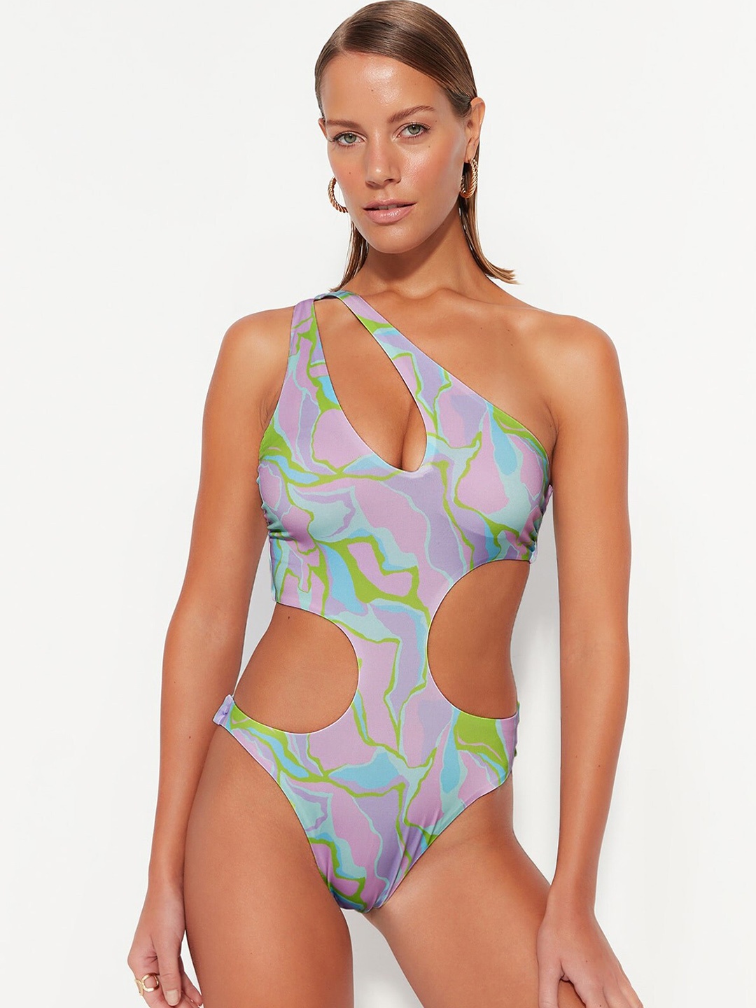 

Trendyol Abstract Printed One Shoulder Swim Bodysuit, Purple
