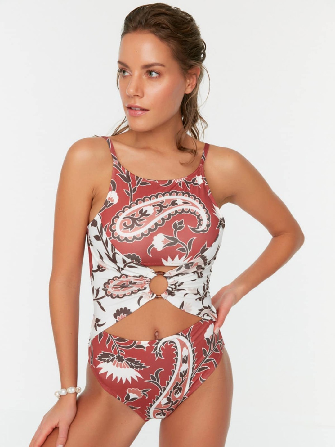 

Trendyol Floral Printed Shoulder Straps Swim Bodysuit, Brown