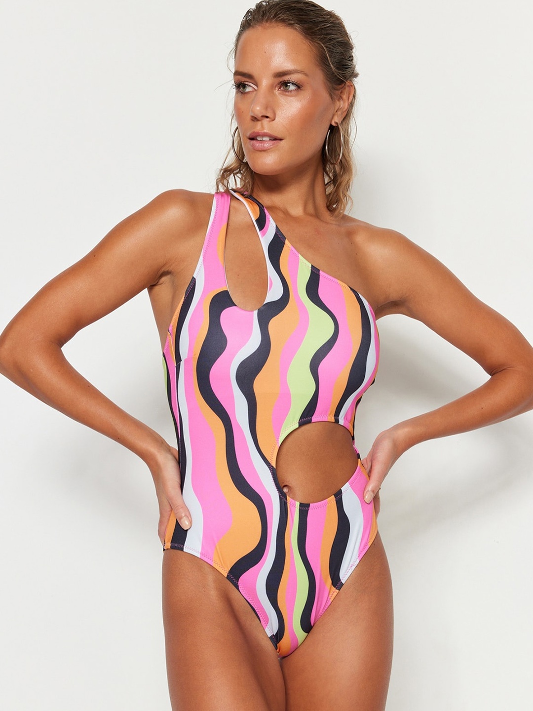 

Trendyol Abstract Printed Cut-Out Swim Bodysuit, Pink