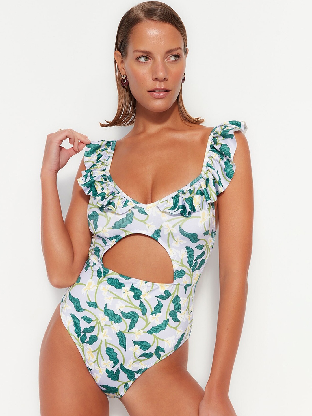 

Trendyol Floral Printed Swim Bodysuit, White