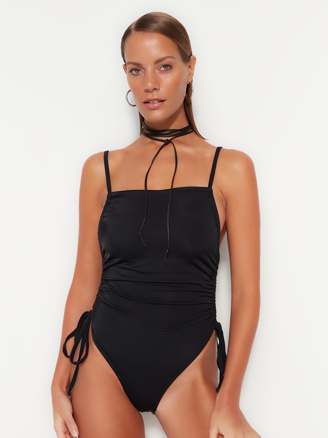 

Trendyol Shoulder Straps Ruched Bodysuit, Black