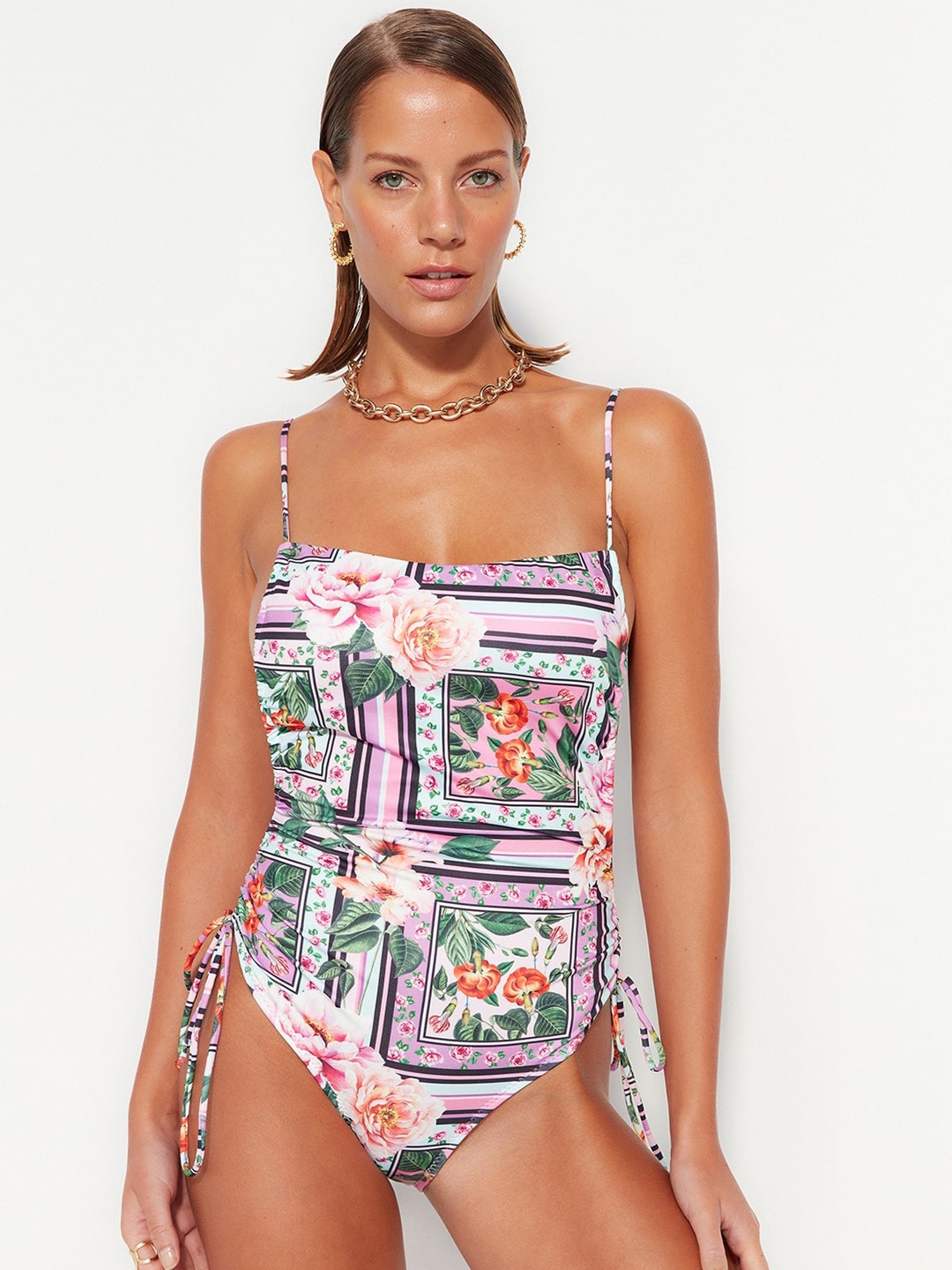 

Trendyol Floral Printed Shoulder Straps Sleeveless Swim Bodysuit, Pink