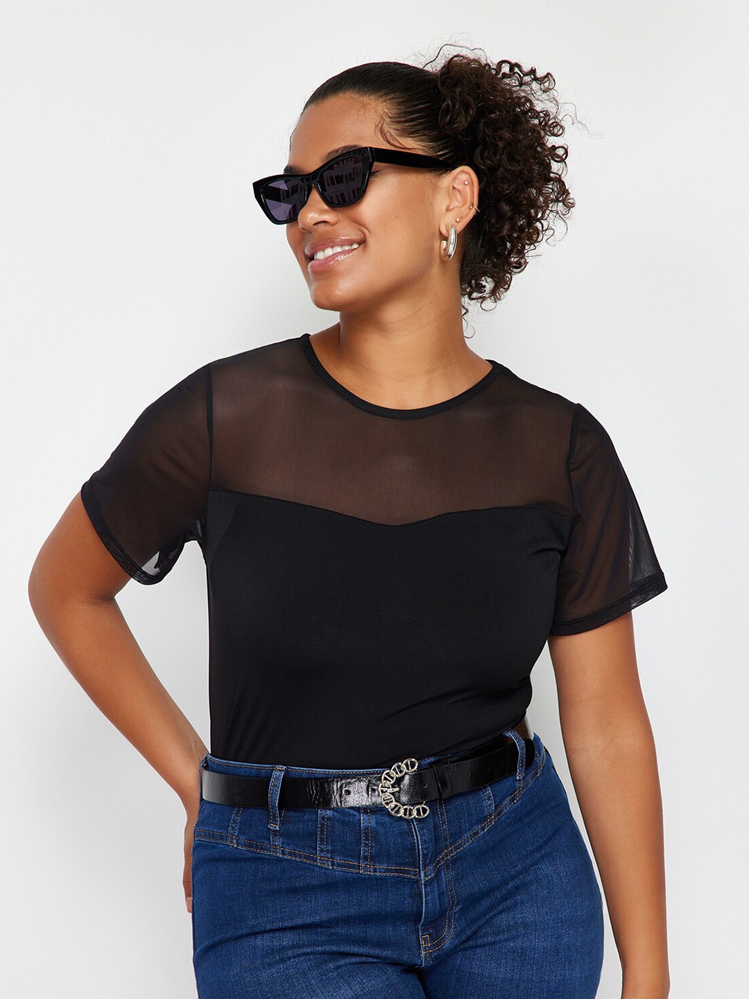 

Trendyol Plus Size Round Neck Short Sleeves Semi Sheer Top, Black