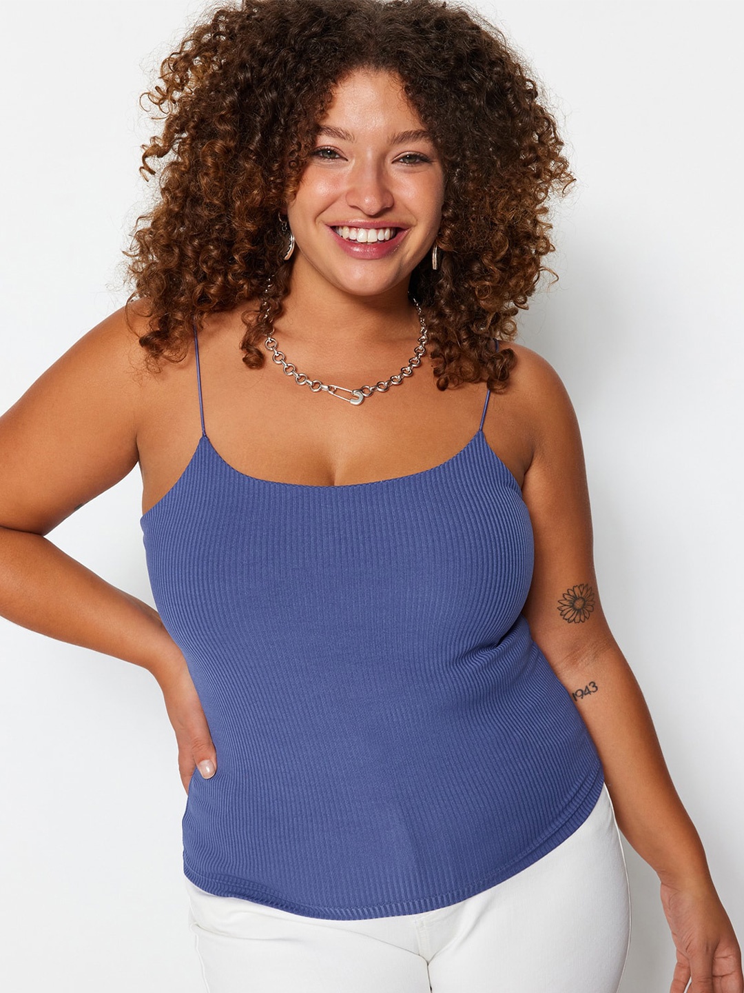 

Trendyol Plus Size Ribbed Shoulder Straps Fitted Top, Blue