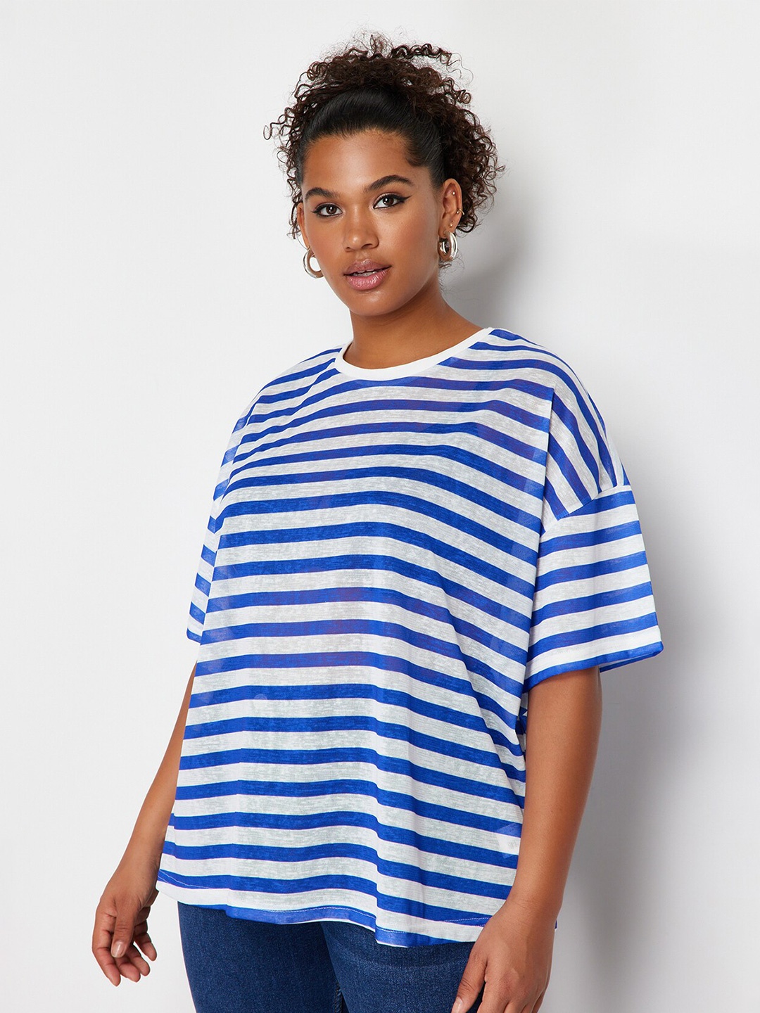 

Trendyol Striped Drop-Shoulder Sleeves Boxy Top, Blue