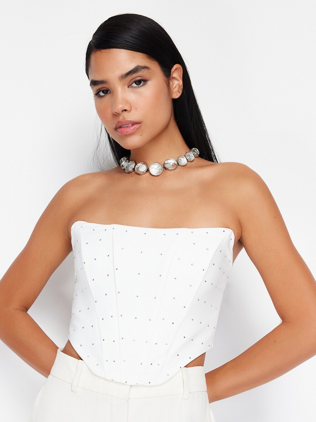 

Trendyol Embellished Strapless Corset Top, White