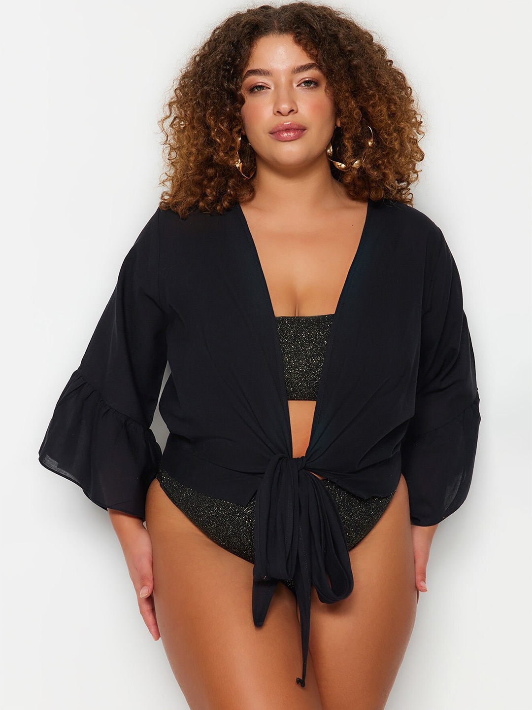 

Trendyol Bell Sleeves Pure Cotton Swimwear Cover up Top, Black