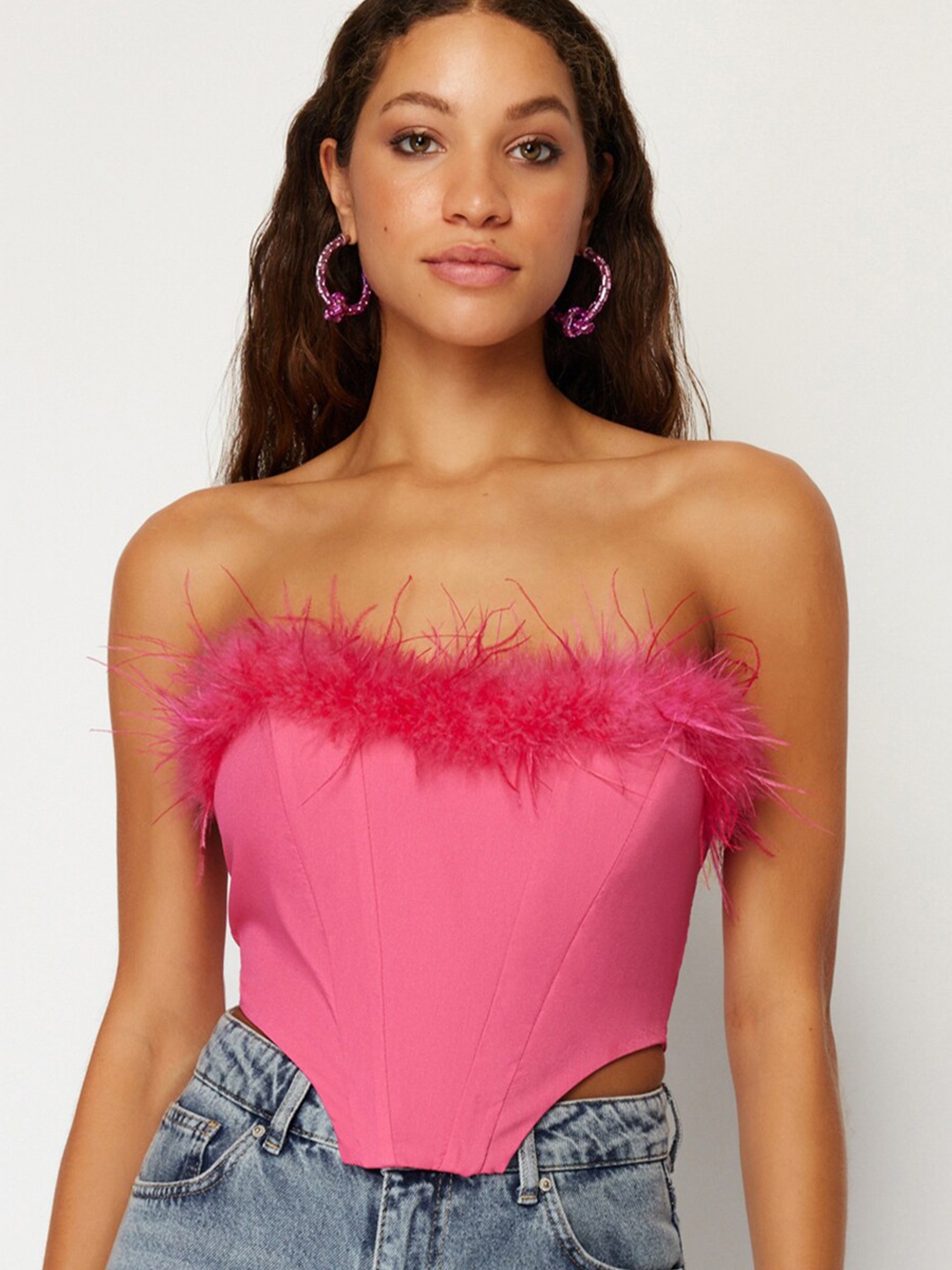 

Trendyol Faux Fur Strapless Corset Crop Top, Pink