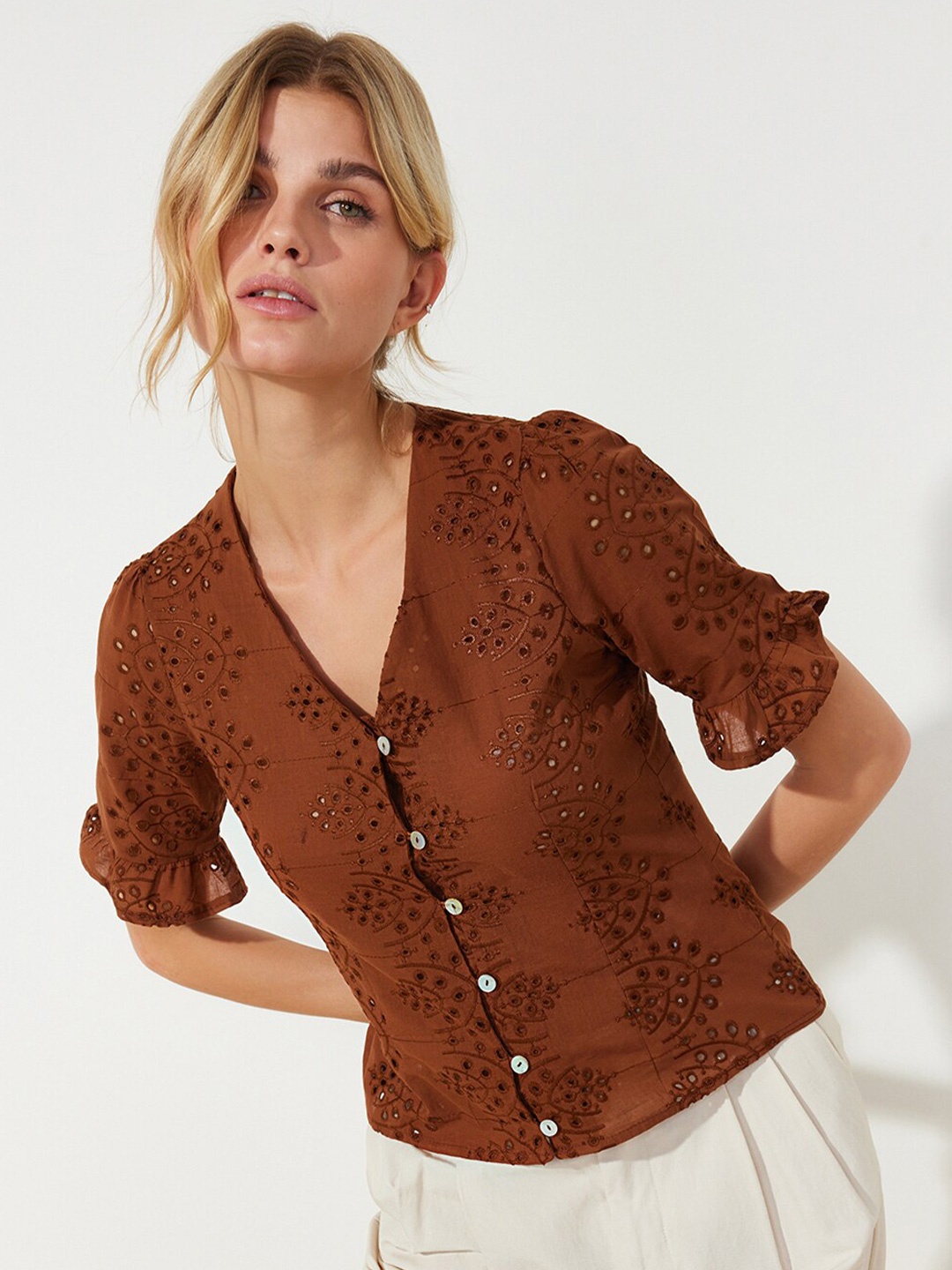 

Trendyol Self Design V-Neck Puff Sleeves Cotton Shirt Style Top, Brown