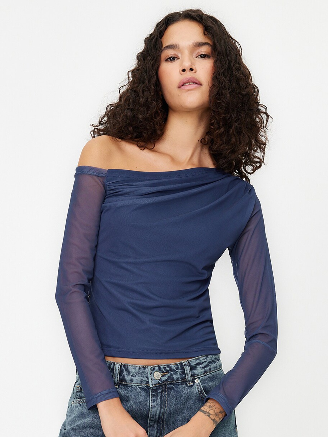 

Trendyol Off-Shoulder Bardot Crop Top, Navy blue