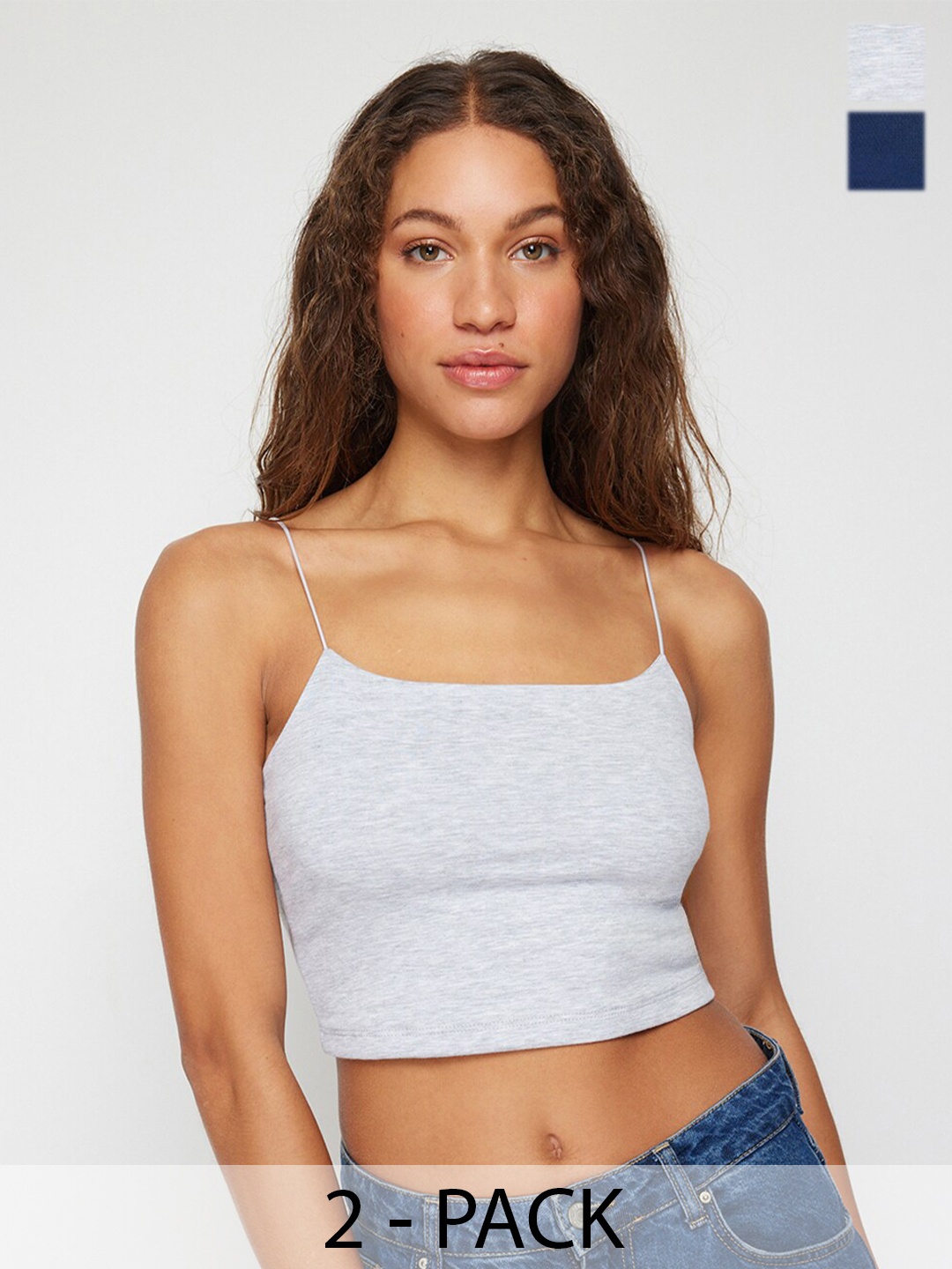 

Trendyol Pack Of 2 Shoulder Straps Fitted Cotton Crop Top, Grey melange