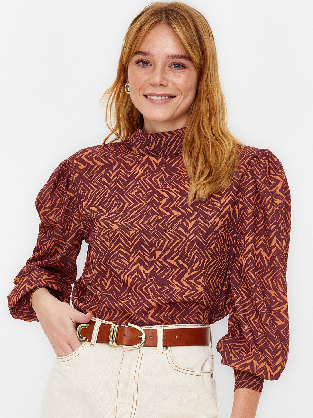 

Trendyol Geometric Print Puff Sleeve Top, Na