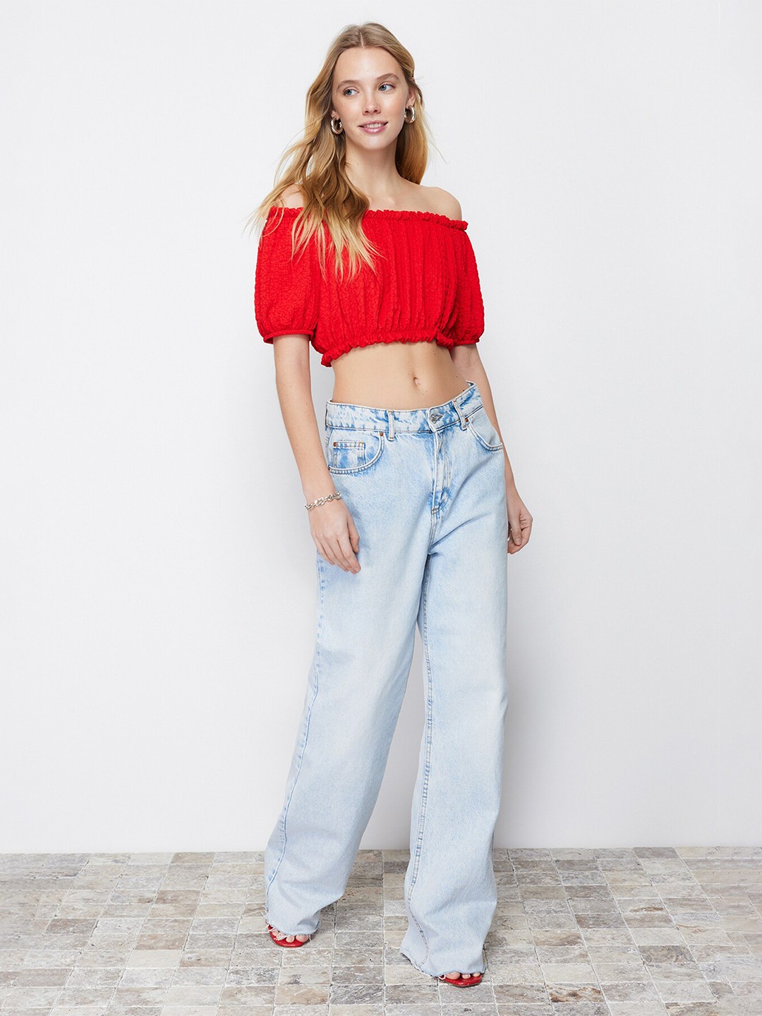 

Trendyol Off-Shoulder Puff Sleeve Bardot Crop Top, Red
